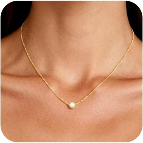 Women's 1 Gold Pearl Necklace 14k Gold Plated Dainty Pearl Necklace Choker - Picture 1 of 7